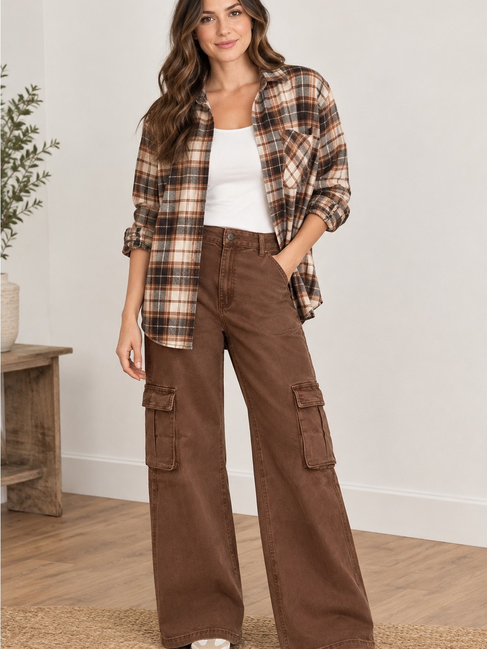 Risen Brown Cargo Wide-Leg Jeans
